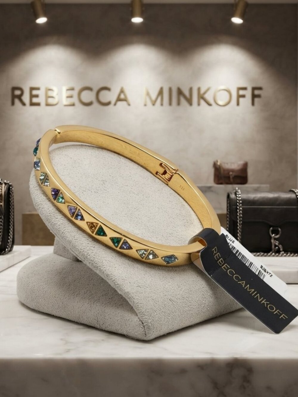 Rebecca Minkoff Gold Tone Multi Stone Geometric Open Bangle Bracelet Blue